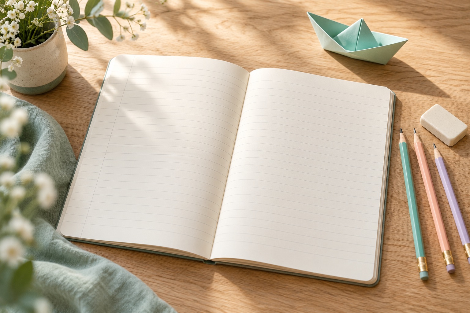 A blank notebook, pencils and a paper boat on a sunlit desk